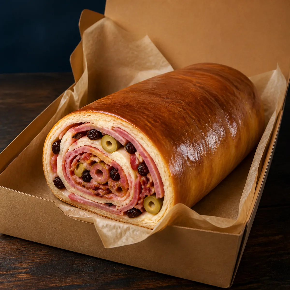 Pan de jamón sobre una mesa navideña