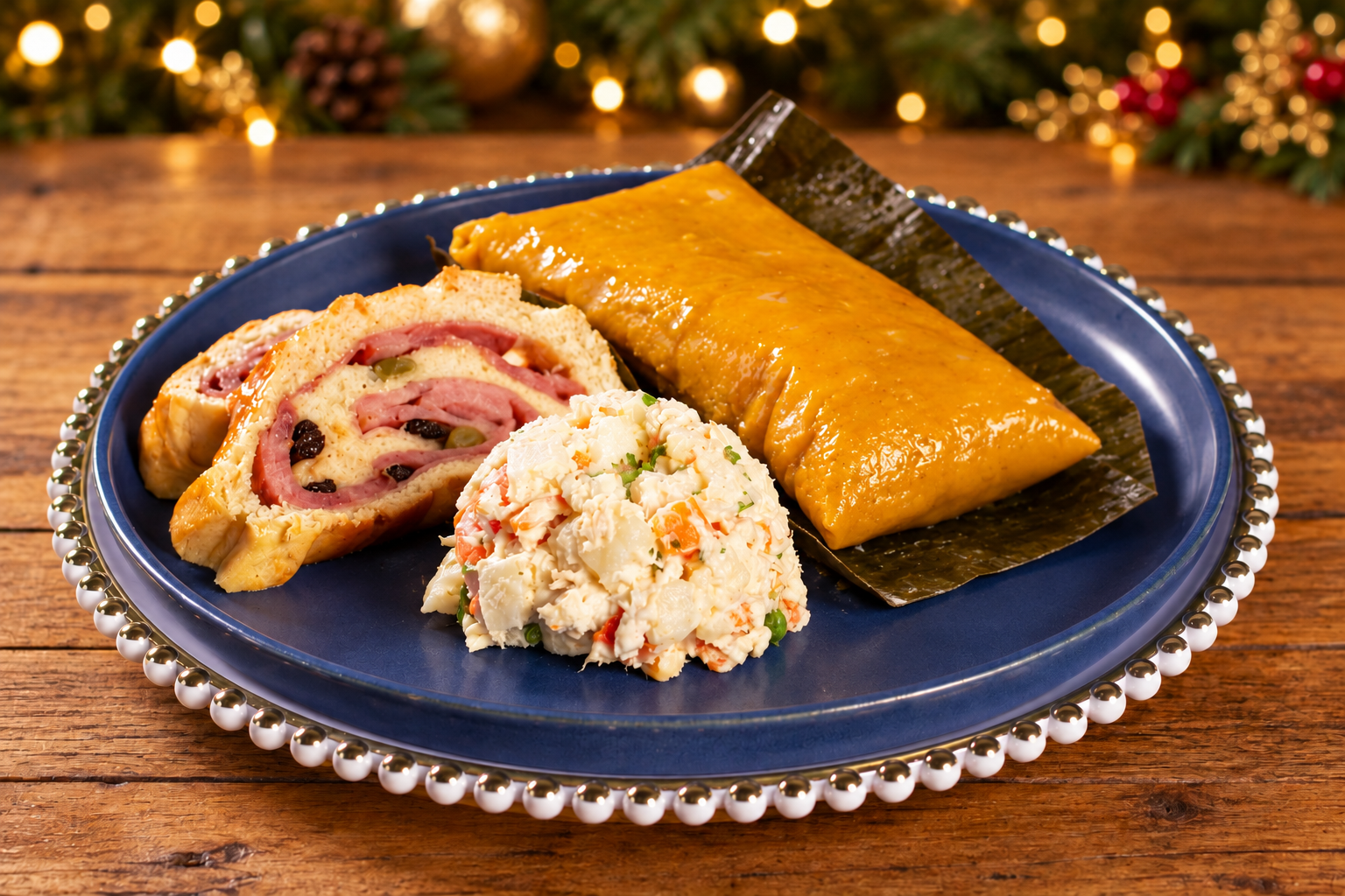 Plato con hallaca, pan de jamón y ensalada de gallina